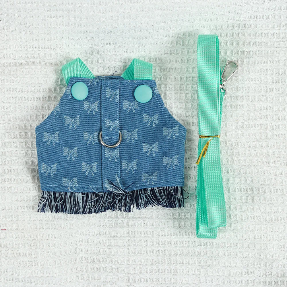 New Dog Harness and Leash Set for Small Dogs, Dark Wash Denim Puppy Dog Vest Harness Tassels Pet Jeans Butterfly Harness