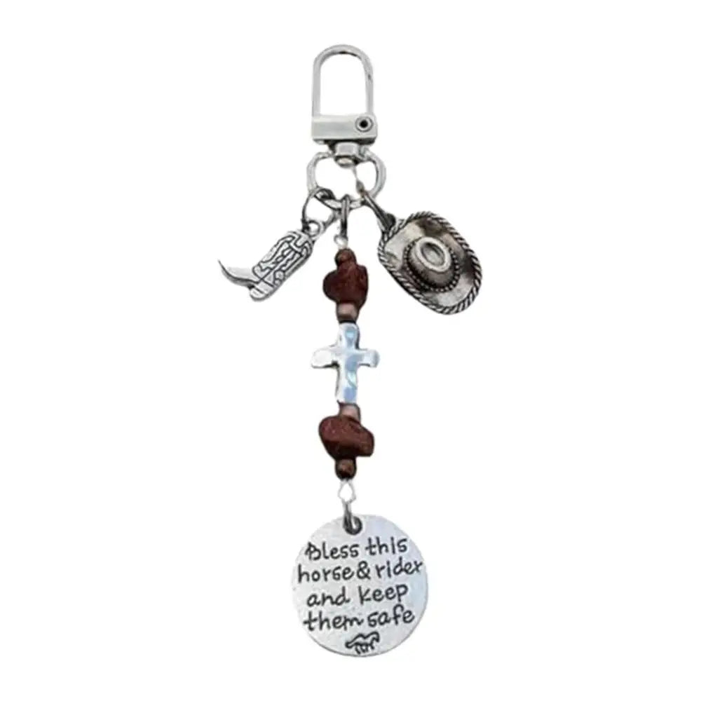Saddle Rope Key Chain Vintage Horseshoe Cowboy Keychain Pendant With Feather Western Alloy Keychain With Safety Buckle Carved