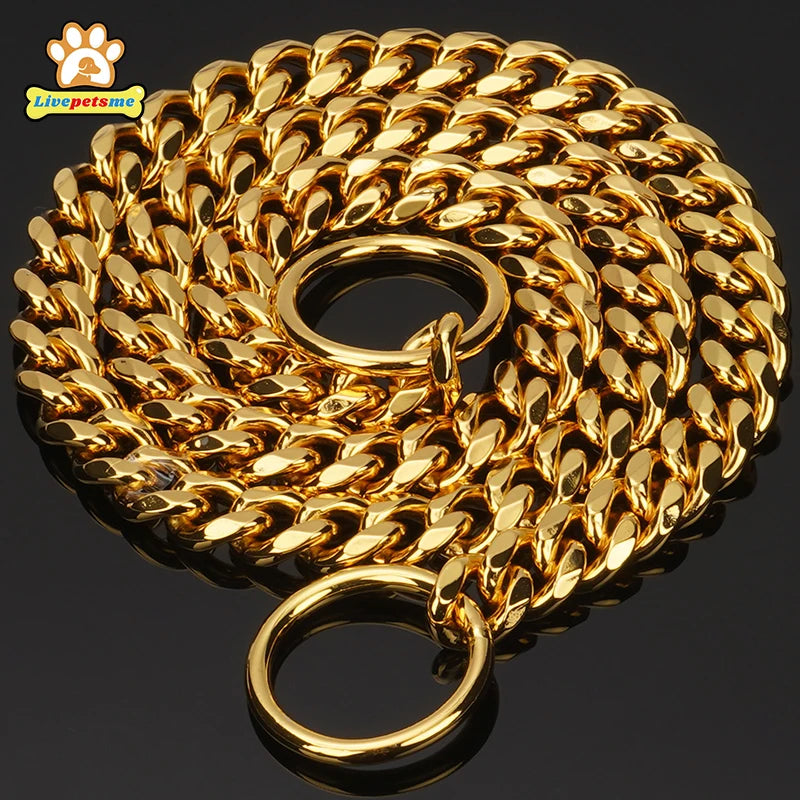 Stainless Steel Large Collar Chain for Dogs, Dog Metal P Chain Links, For Medium, Small dog, Gold Cuban Links Walking Training
