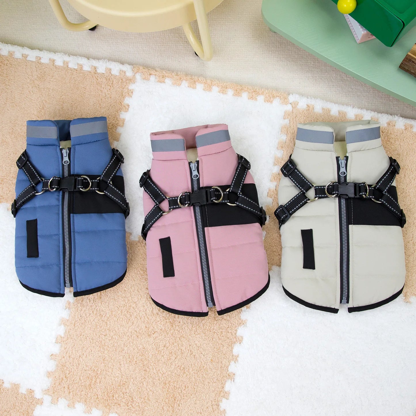 Reflective Dog Coat with Harness Winter Dog Fleece Coat Cold Weather Clothes Zipper Dog Harness Jacket for Medium Large Dogs