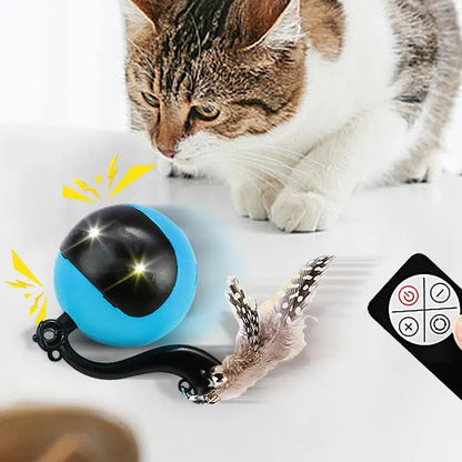 Smart Ball Cat Toy Cat Power Ball with Feather Tails Moving Cat Toy with LED Light and Sound Kitten Exercise Hunting Toys