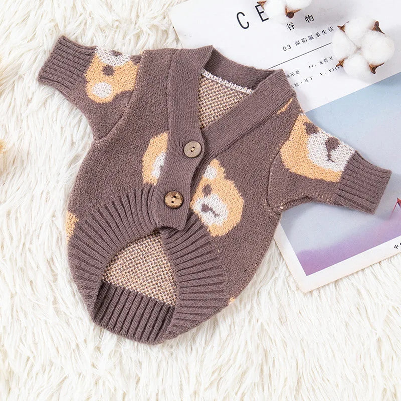Dog Sweater 2024 Bear Print Cardigan Coat Dog Knitted Sweater Chihuahua French Bulldog Bichon Fashion Dog Clothes Puppy Apparel