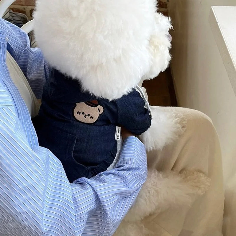 Fashion Dog Cowboy Costume Autumn Winter Dog Denim Jacket Bear Print Cardigan Pet Coat Kitten Puppy Clothing Chihuahua Pullover