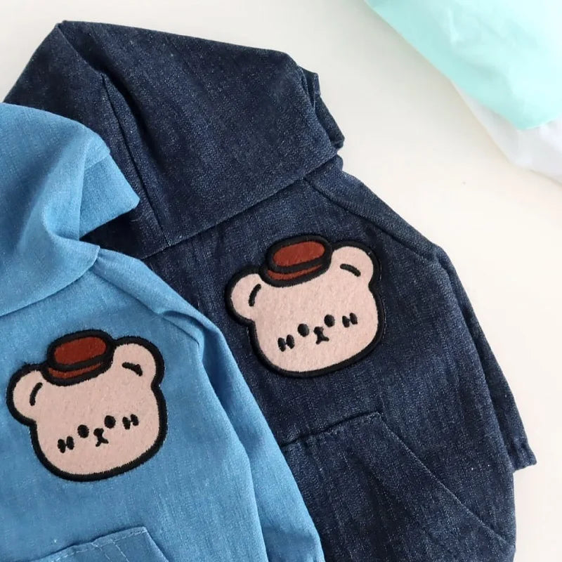 Fashion Dog Cowboy Costume Autumn Winter Dog Denim Jacket Bear Print Cardigan Pet Coat Kitten Puppy Clothing Chihuahua Pullover