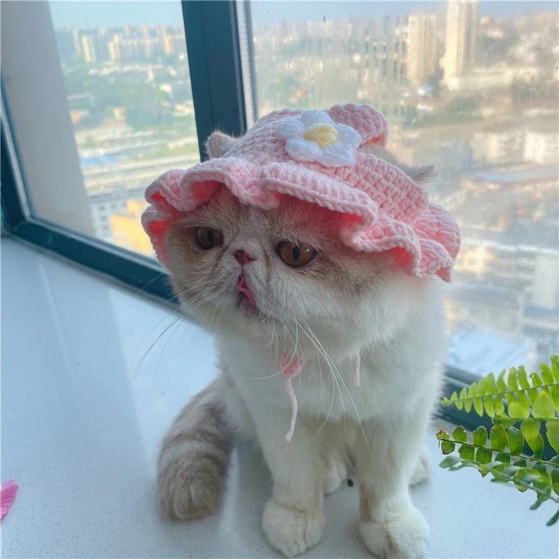 Winter Warm Costume Accessories for Cats Cosplay Funny Animal Flower Knitting Pet Dog Cap Adjustable Head Wear Pet Products