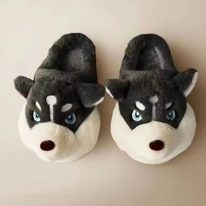 Winter Home Couple Shoes Women's Fluffy Dog Slippers Girl Animal Fur Slides Kawaii Funny Furry Shoes Woman Plush Booties Slipper