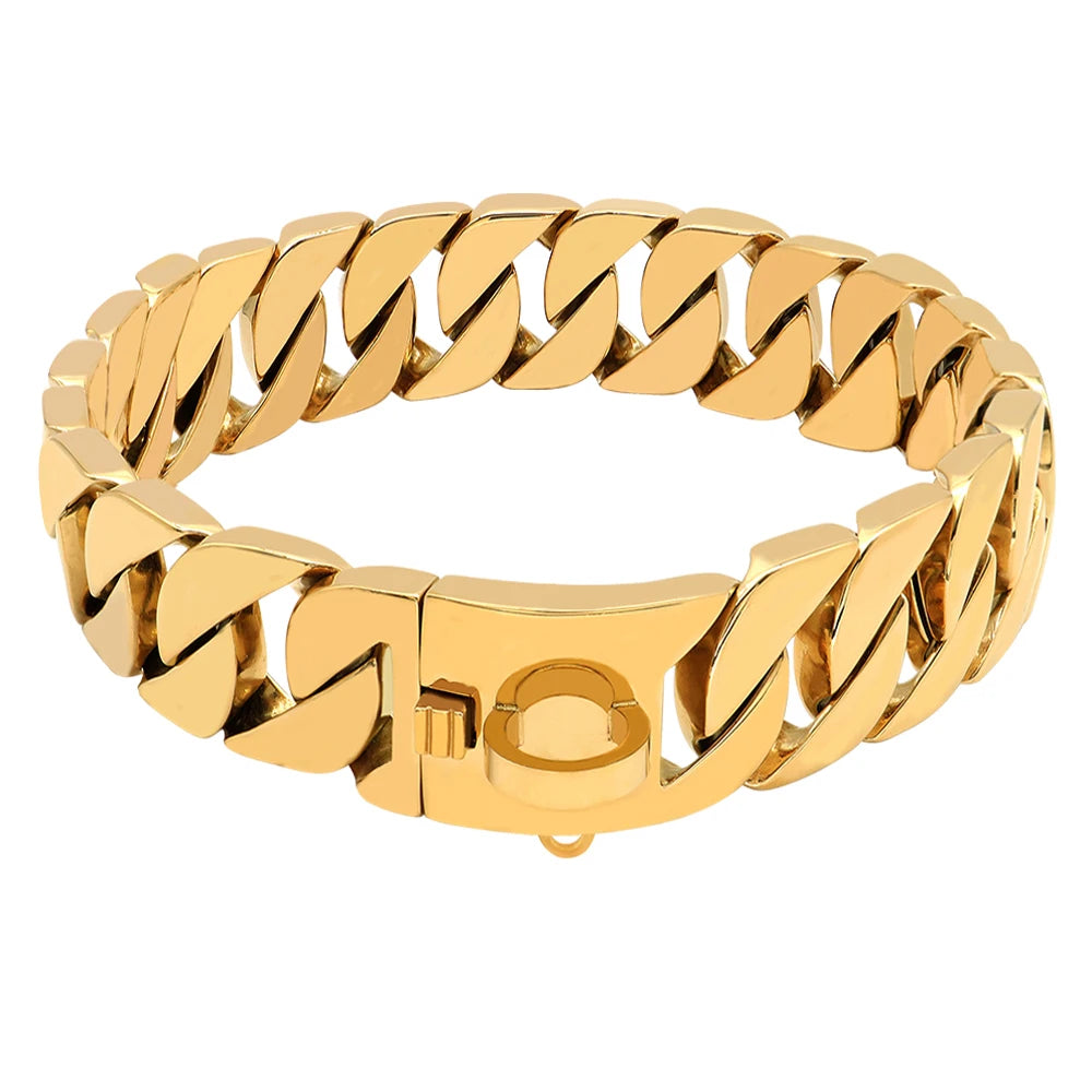 Golden Stainless Steel Dog Collar, Heavy Duty Pet Chain, Necklace with Shrapnel Clasp for Medium and Big Dogs Usage, 32mm Width