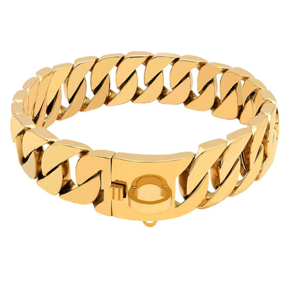 Golden Stainless Steel Dog Collar, Heavy Duty Pet Chain, Necklace with Shrapnel Clasp for Medium and Big Dogs Usage, 32mm Width