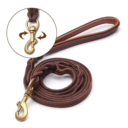Braided Leather Dog Leash with Traffic Handle Two Handles Leather Dog Leash Leads for Training Bulldog Pit-bull Pet Dog Supplies