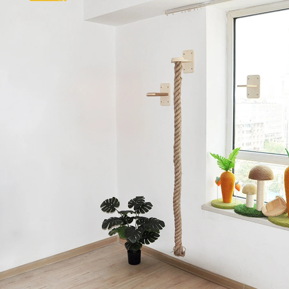 Wall Mounted Cat Tree Climbing Rope Wooden Cat Climbing Shelf with Sisal Rope Kitten Training Claw Grinding Indoor Cat Furniture
