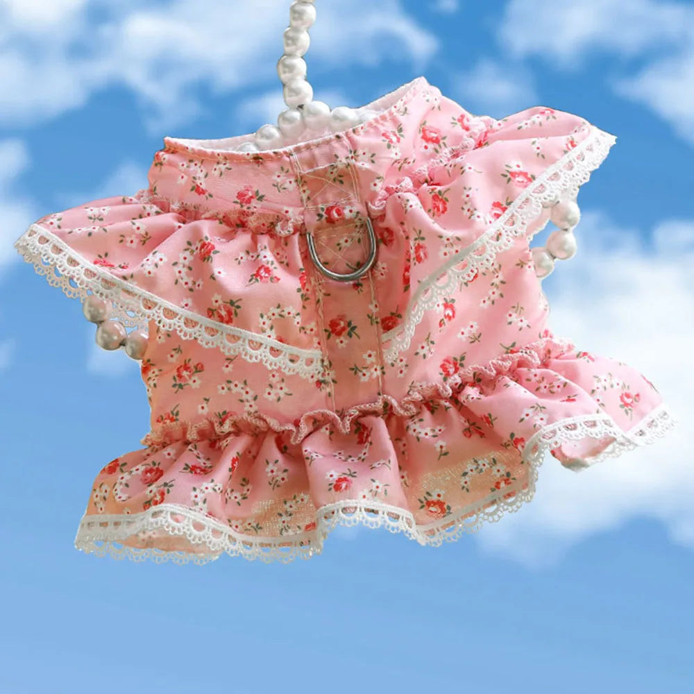 Pink Flower Puppy Harness Mesh Breathable Small Girl Dog Cat Vest Harness Cute Doggy Lace Dress Harness with Leash for Walking