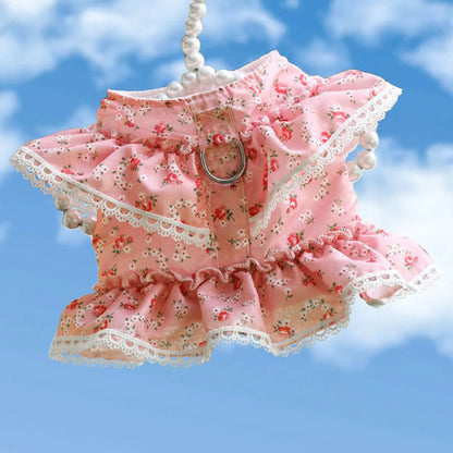 Pink Flower Puppy Harness Mesh Breathable Small Girl Dog Cat Vest Harness Cute Doggy Lace Dress Harness with Leash for Walking