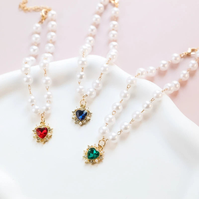 Pearl Chain Accessories for Cats Zircon Heart Pet Products Small Medium Puppy Neck Wear Wedding Birthday Gift Pet Dog Collar