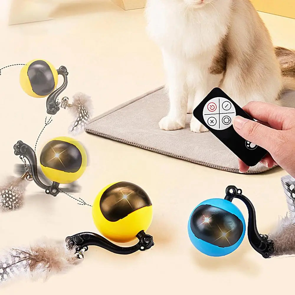 Smart Ball Cat Toy Cat Power Ball with Feather Tails Moving Cat Toy with LED Light and Sound Kitten Exercise Hunting Toys