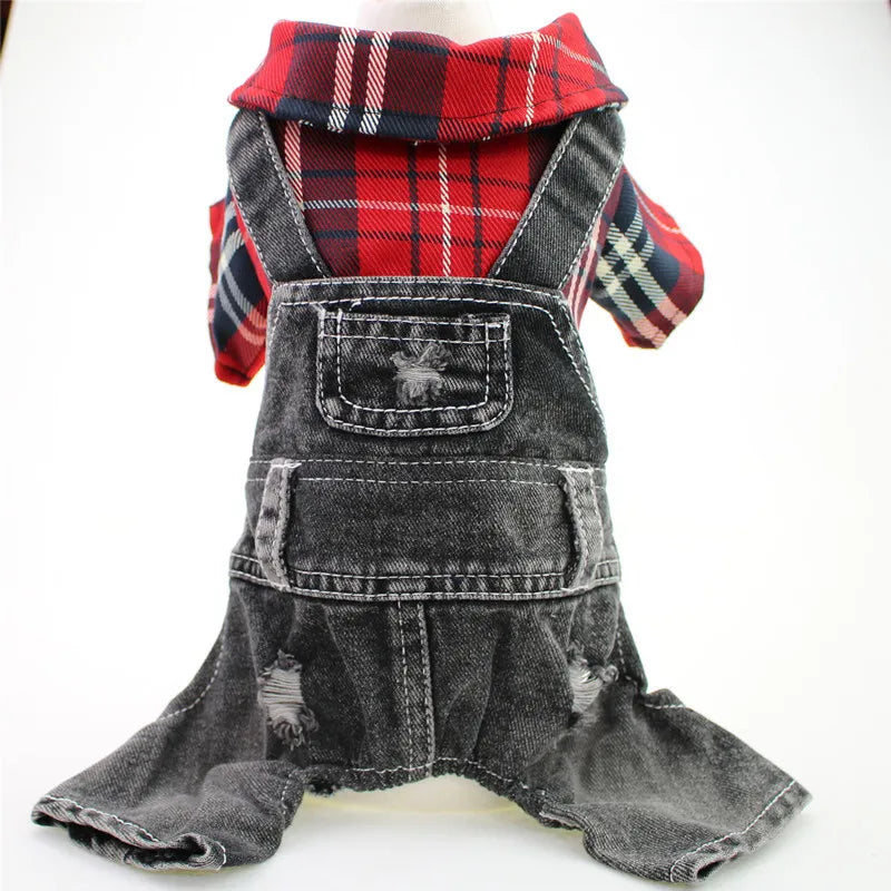Black Dog Denim Jumpsuit Plaid Shirt Overalls for Dogs, Spring Clothes for Small Dogs Puppy Yorkie Jeans Jacket Pet Apparel