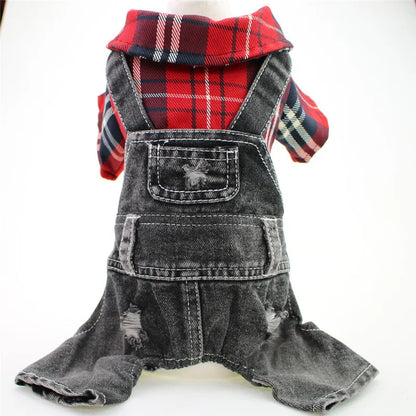Black Dog Denim Jumpsuit Plaid Shirt Overalls for Dogs, Spring Clothes for Small Dogs Puppy Yorkie Jeans Jacket Pet Apparel