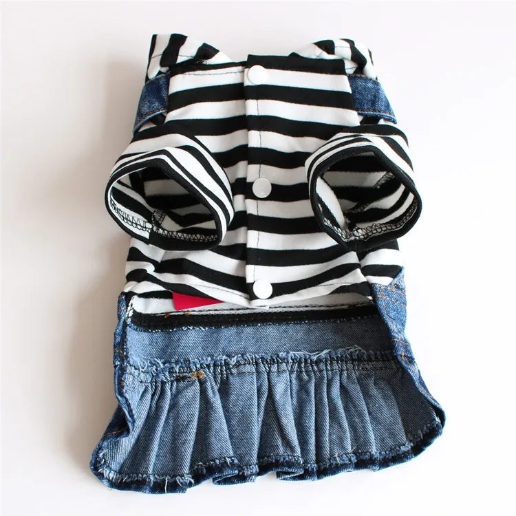 Spring Autumn Dog Clothes Dog Jeans Dress for Small Medium Dogs, Fashion Pet Denim Jacket Stripe Shirt Hooded Coat Puppy Skirts
