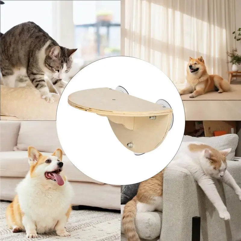 Cat Window Perch 2-In-1 Cordless Cat Hammock Kitten Window Seat With 3 Suction Cups Wooden Wall Mounted Cat Climber Pet Step