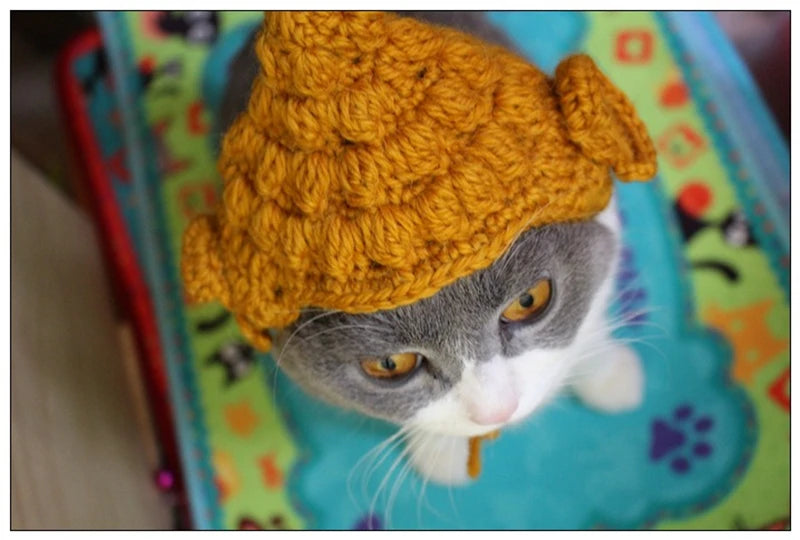 Winter Cosplay Buddha Pet Dog Hat Ginger Ear Protective Head Wear for Small Puppy New Year Lace Up Yorkshire Cat Accessories