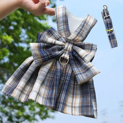 Pet Jk Plaid Dress Dog Harness and Leash Set Bow Skirt Kitten Puppy Vest Luxury Dog Clothes Chihuahua Dog Outfits Bichon Items