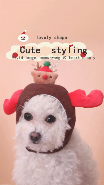 Warm Fleece Cartoon Pet Hat for Cat Christmas Keep Warm York Dog French Bulldog Head Wear Snowman Deer Winter Pet Accessories