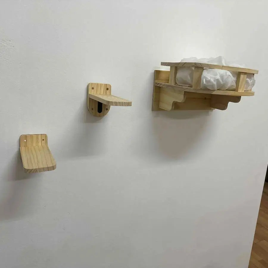 Wall Mounted Cat Furniture Cat Climbing Shelf Solid Wood Stairway with Hammock or Scratching Post for Kittens Perch and Play