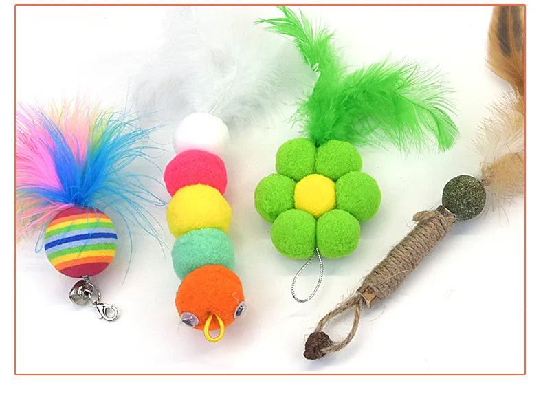 Cross-border cat teasing stick replacement head rainbow caterpillar wood teana stick cat toy funny cat bell hair ball replace...