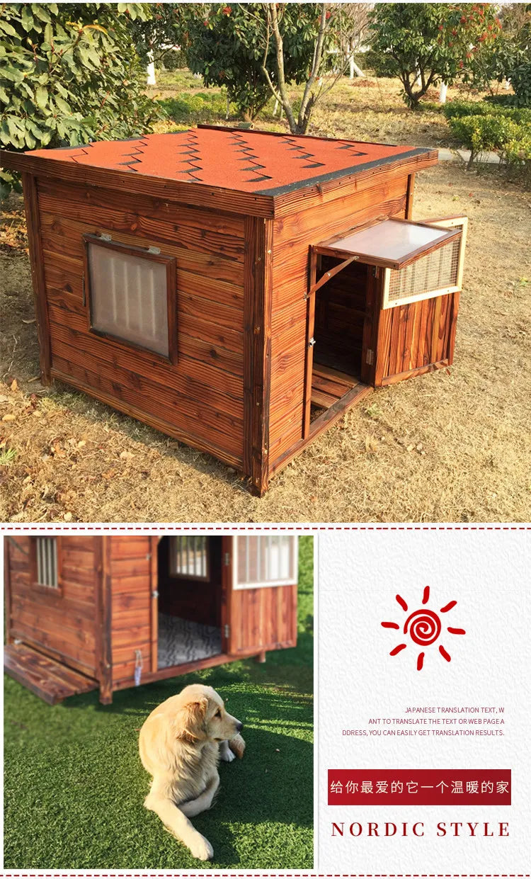 Large new solid wood kennel outdoor waterproof dog house with mat and cold-proof pet dog cage carbonized golden retriever woo