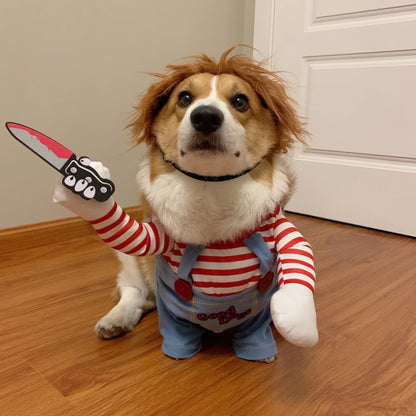 Pet Halloween Costume Dog Clothing Chucky Jumpsuit Dog Deadly Doll Cosplay Funny Party Costume Dog Clothes for Small Medium Dogs