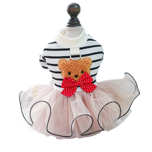 Cute Bear Stripe Dog Dress for Small Dogs, Luxury Tiered Layer Tulle Tutu Dress Princess Skirt Spring Autumn Puppy Pet Clothes