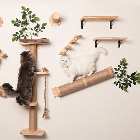 Cat Climbing Shelves Tree Tower Wall Mounted Furniture for Cats Jumping Platform Cat Scratching Post Ladder Solid Wooden Steps