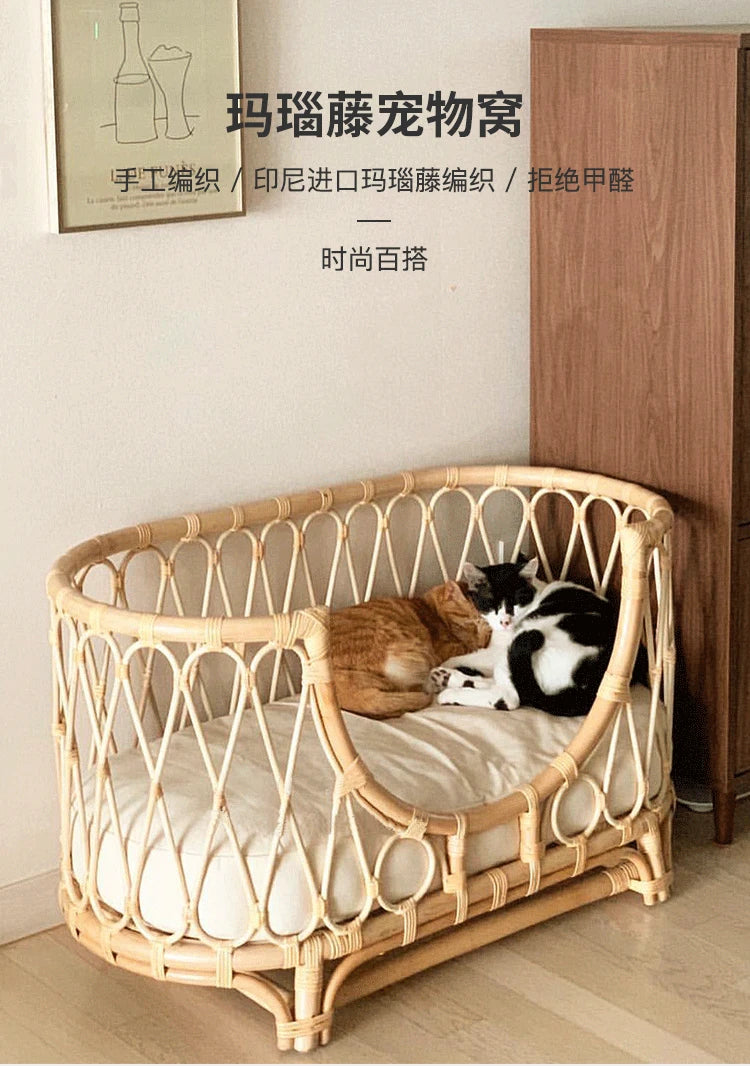 Japanese ins natural rattan dog cat pet bed teddy kennel princess bed summer removable cage