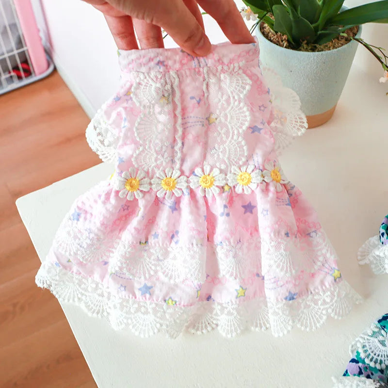 Floral Summer Clothes for Small Dogs Short Sleeve Lace Pink Sphinx Cat Dresses Princess Party Wear Breathable Pet Clothing