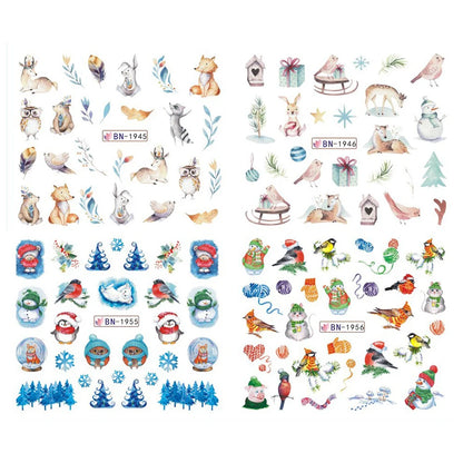 12pcs Cute Penguin Winter Nail Stickers Birds Bear Cat Cartoon Animal Snowflake Sliders Water Decals Decoration Xmas Tips Foils