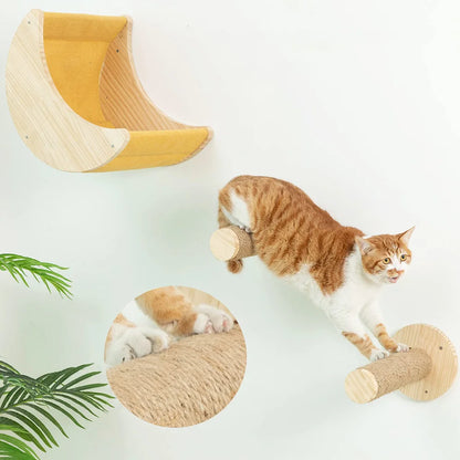 Cat Hammock Set Wall Mounted Cat Climbing Wooden Shelves and Jumping Platform Scratching Post for Cat Playing and Sleeping