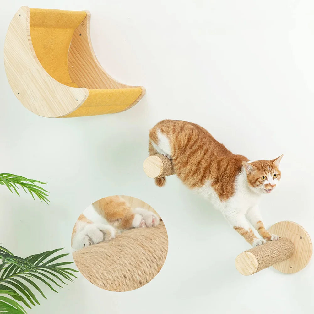 Cat Hammock Set Wall Mounted Cat Climbing Wooden Shelves and Jumping Platform Scratching Post for Cat Playing and Sleeping