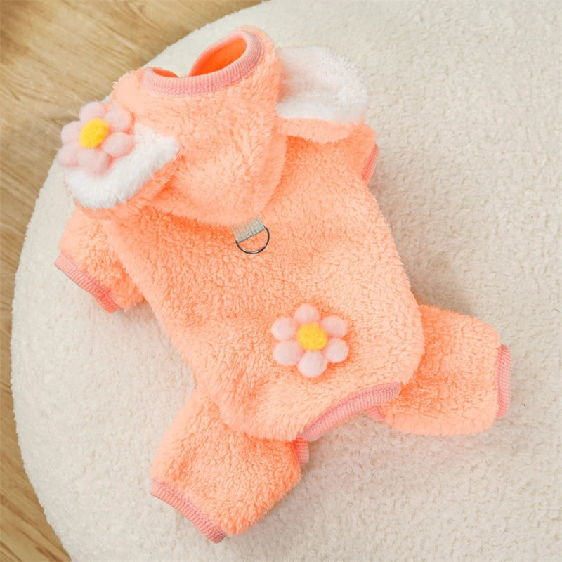 Soft Flannel Pet Dog Clothes Light Blue Solid Flower Winter Overalls for Cats New Year Cosplay Chihuahua Coat Kitten Sweatshirts