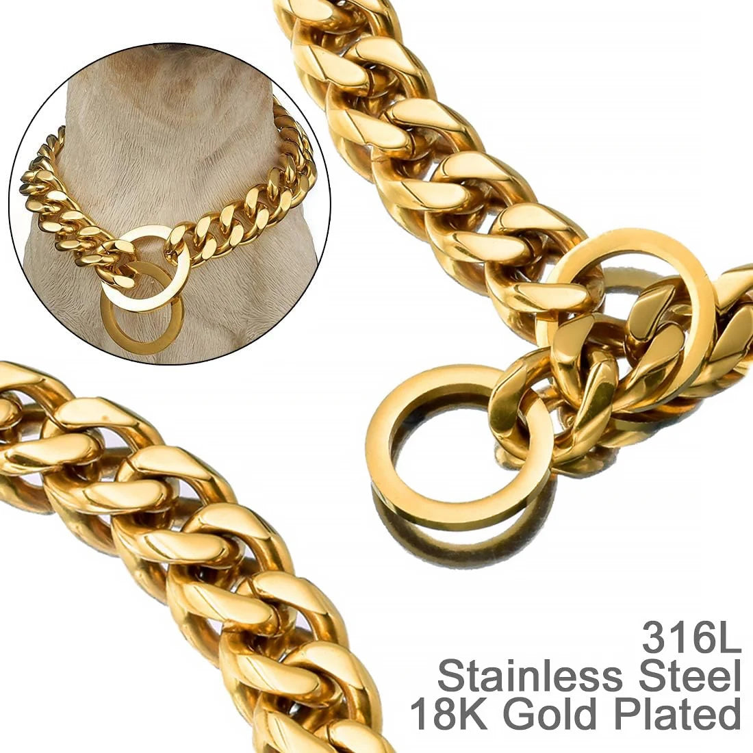 Gold Dog Chain Collar, Large Metal Dog, Medium Link Link, Small Steel, Cuban, Walking, Training