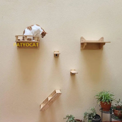 Cat Tree Wall Mounted Cat Climbing Wooden Shelves Cat Hammock and Scratching Post Cat Wall Indoor Furniture for Perch and Rest