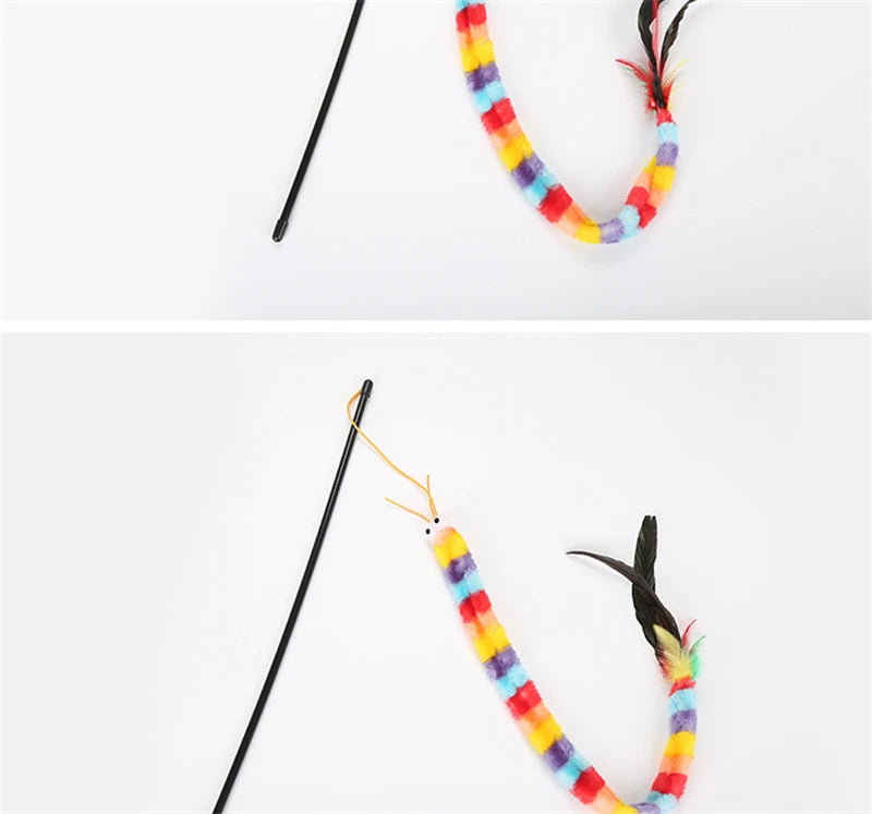 Rainbow Caterpillar Teaser Cat Stick Feather Top Durable Bite Resistant Pet Cat Toy Interactive Lightweight Handle Kitten Tools