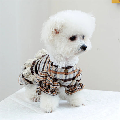 High Collar Small Dog Clothes Plaid Woolen New Year Autumn Winter Brown Overalls for Cats Maillard Fashion Girl Chihuahua Dress