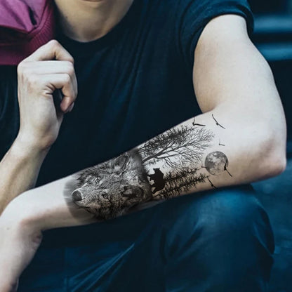 Waterproof Temporary Tattoo Sticker Realistic Animal Forest Wolf Bear Bird Moon Body Art Arm Fake Tattoos Sleeve Women Men Leg