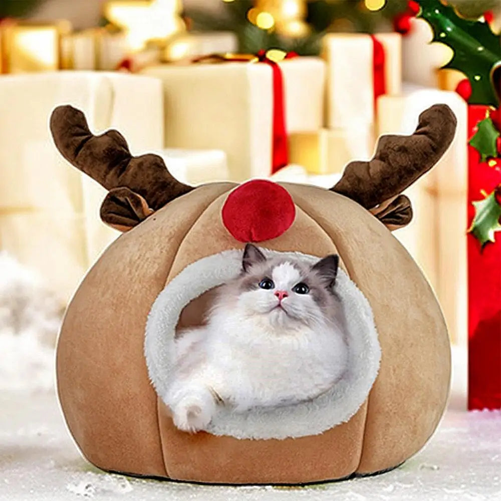 Christmas Winter Cat Cave Bed Dog Tent Christmas Reindeer Tent Washable Removable Cushion for Indoor Small Dogs And Cats