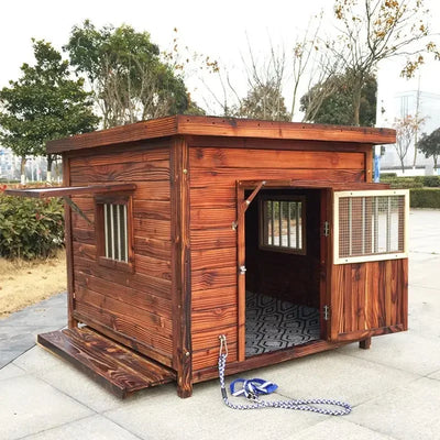 Large new solid wood kennel outdoor waterproof dog house with mat and cold-proof pet dog cage carbonized golden retriever woo
