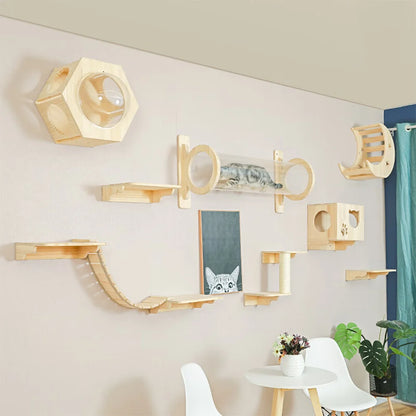 Solid Wood Wall Mounted Cat Tree Double Layered Jumping Platform Ladder Cat Hammock Furniture Cat Climbing Frame