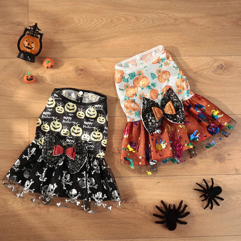 Halloween Dog Dress Pumpkin Pattern Bowknot Funny Skirt Chihuahua Bichon Dog Dresses Festival Puppy Costume Pet Cat Dog Clothes