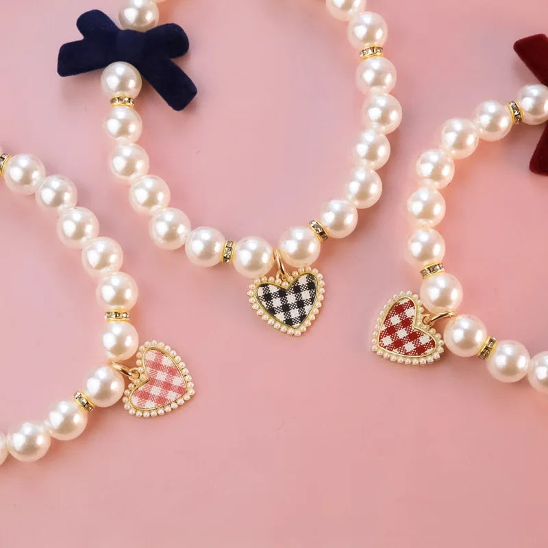 Plaid Heart Pet Dog Collars Chihuahua Jewelry Necklace for Pets Adjustable Kitten Pearl Neck Wear Medium Dog Cats Pet Products
