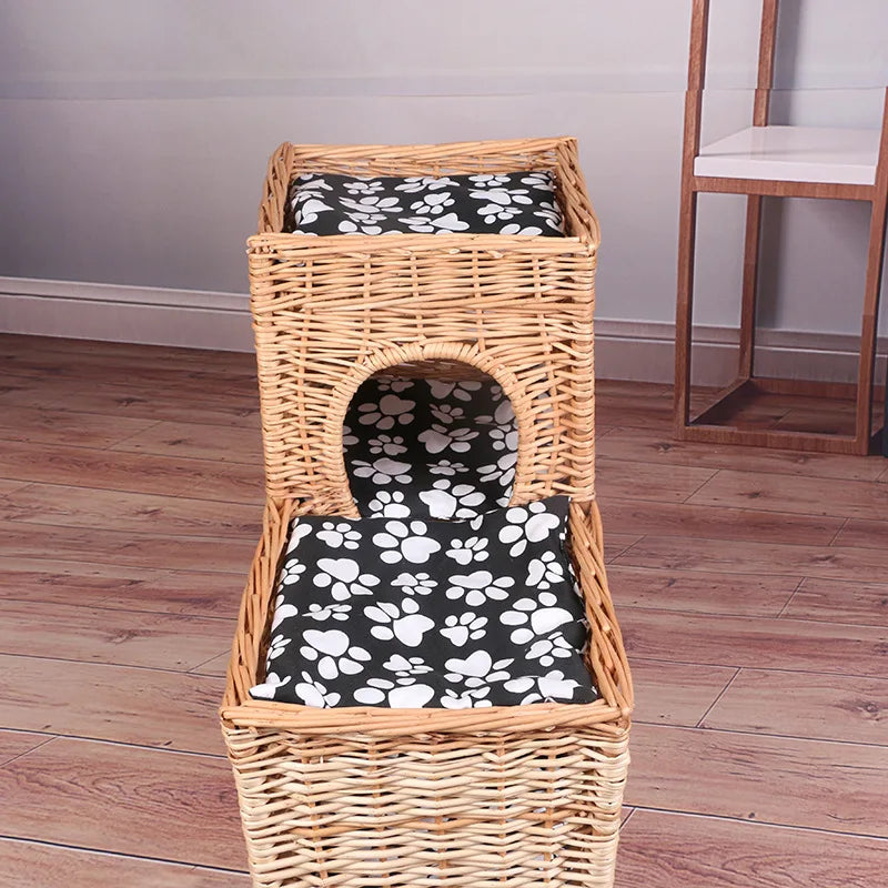 Pet basket willow weaving, willow weaving cute pet nest double-layer pet basket handmade four-season universal kennel cat litter