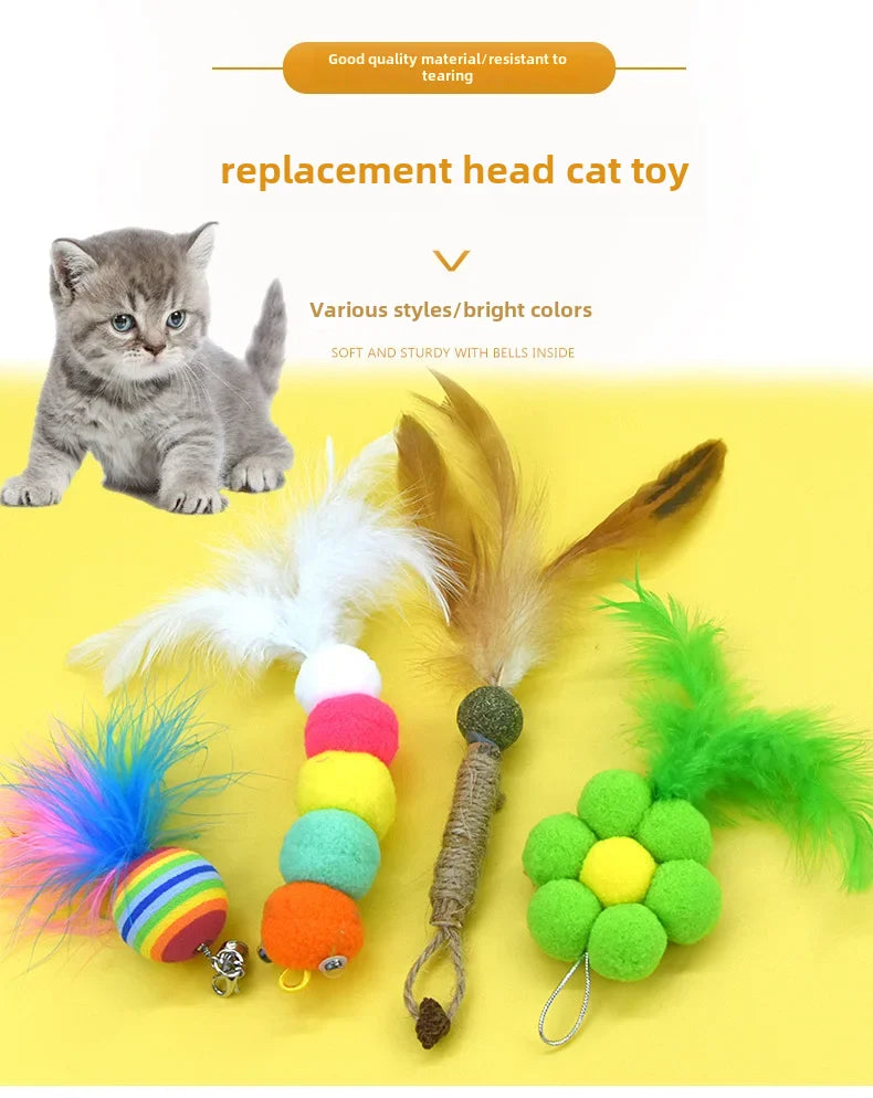 Cross-border cat teasing stick replacement head rainbow caterpillar wood teana stick cat toy funny cat bell hair ball replace...