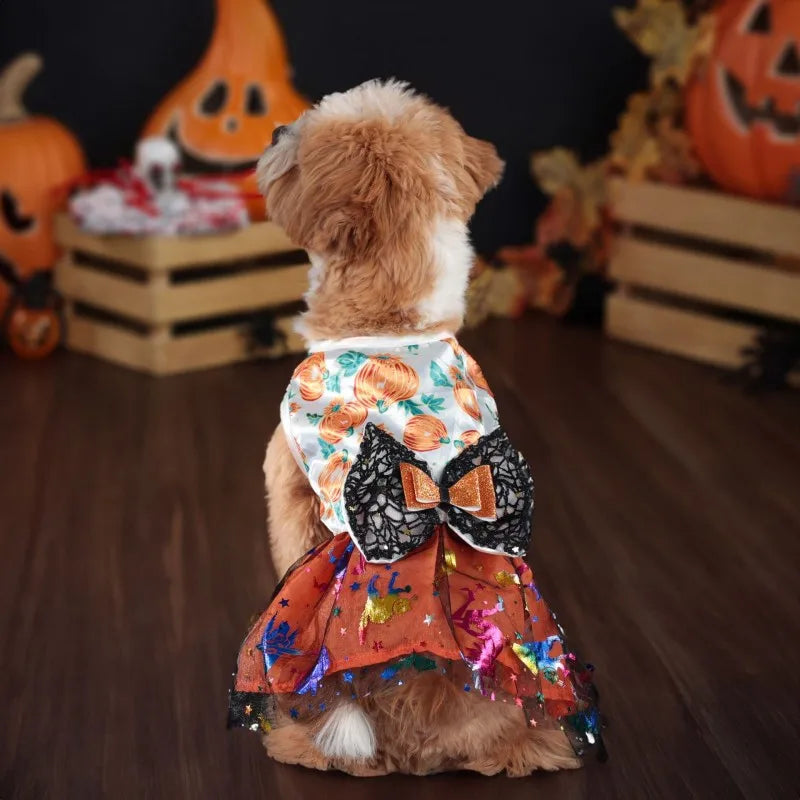 Halloween Dog Dress Pumpkin Pattern Bowknot Funny Skirt Chihuahua Bichon Dog Dresses Festival Puppy Costume Pet Cat Dog Clothes